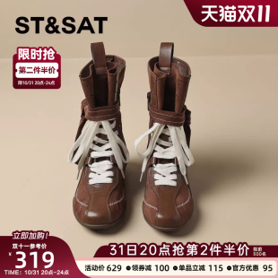 西部靴子 工装 星期六超火拳击靴复古系带马丁靴女靴夏2025新款 秋季