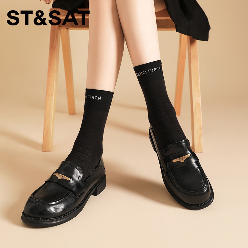 星期六英伦风小皮鞋女新款女鞋复古百搭黑色乐福鞋一脚蹬平底单鞋