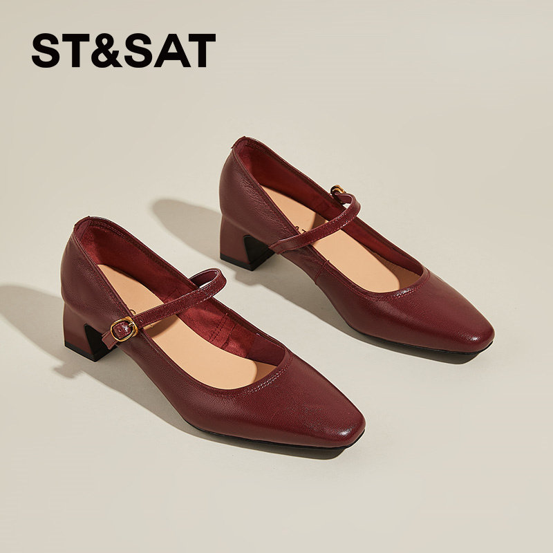 星期六法式复古浅口单鞋女款春季新款羊皮玛丽珍鞋粗跟红色高跟鞋