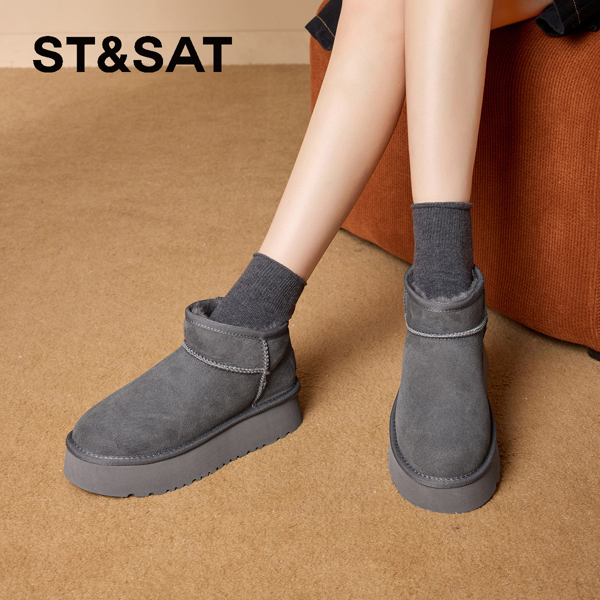 星期六厚底加绒加厚雪地靴外穿轻便平底复古百搭时尚真皮棉鞋女鞋