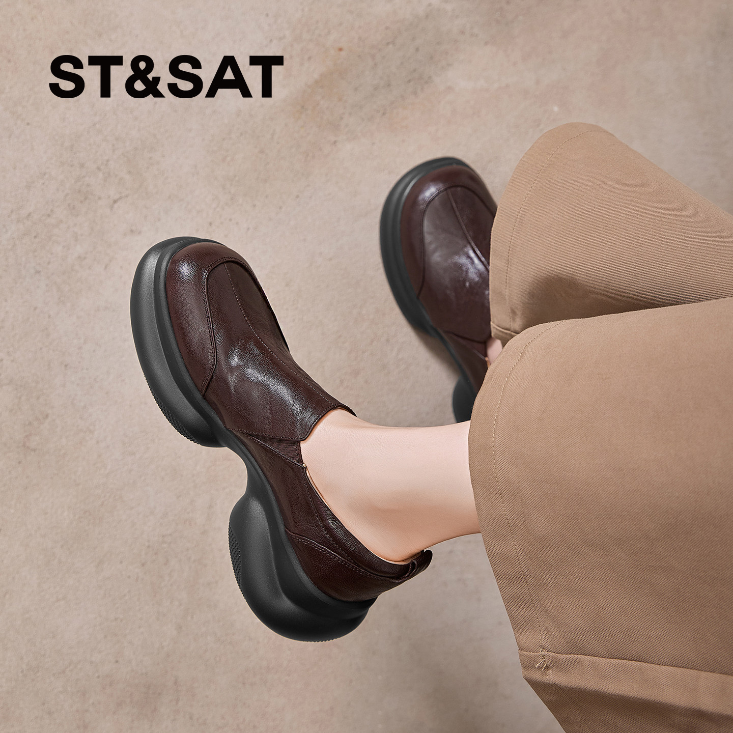 星期六复古厚底乐福鞋女真皮单鞋一脚蹬圆头轻便休闲鞋增高小皮鞋