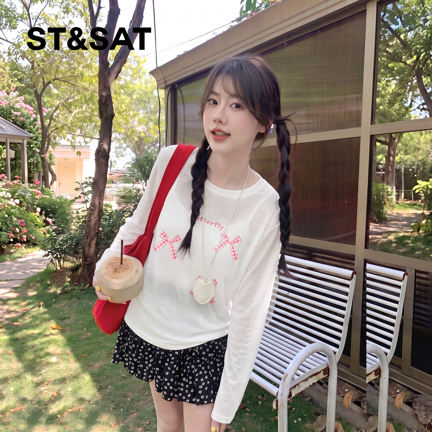 星期六雪花棉圆领轻薄长袖t恤女