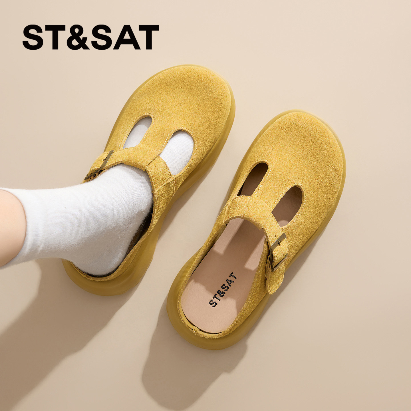 星期六厚底包头拖鞋女2026年夏新款时尚多巴胺黄色一脚蹬勃肯拖鞋