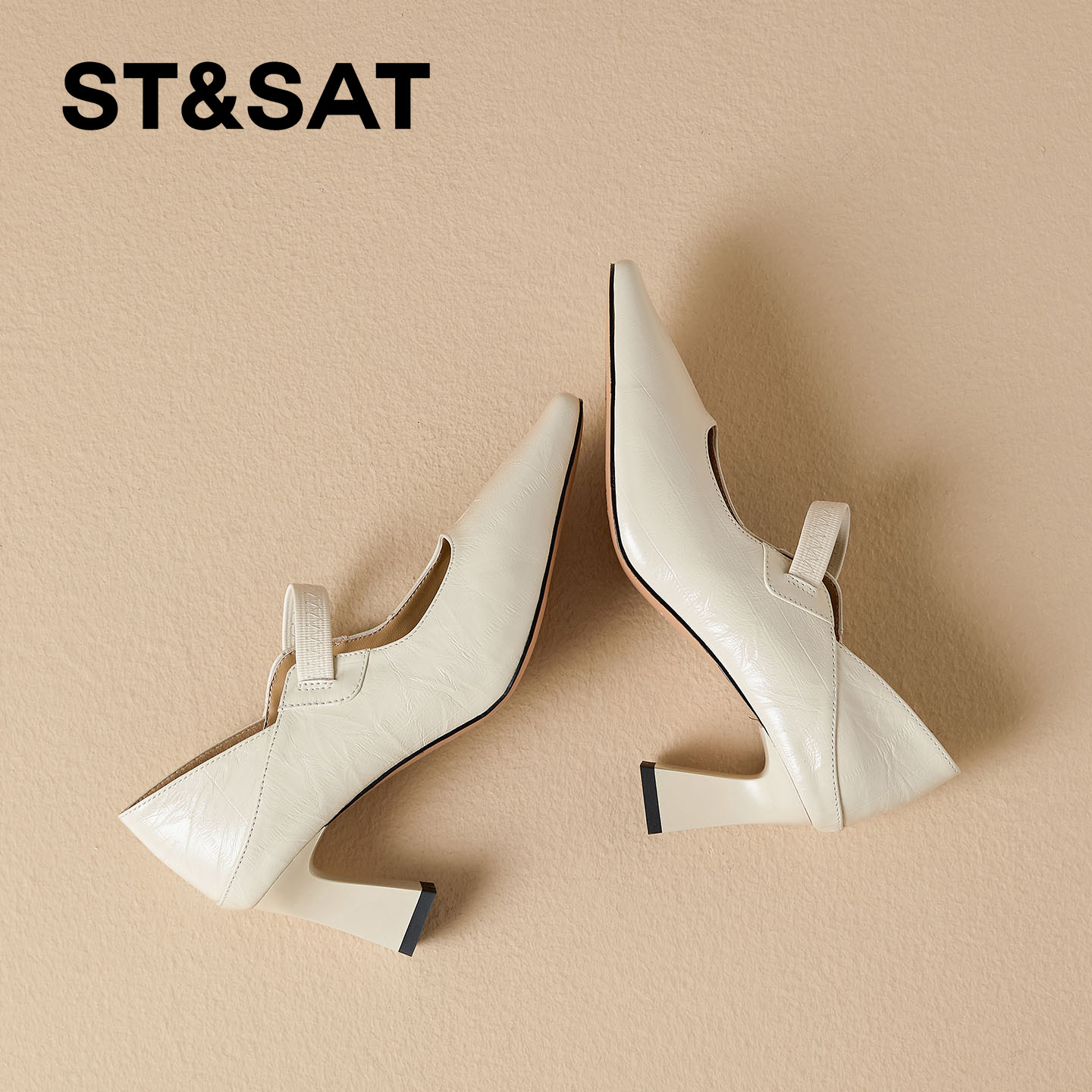 星期六真皮粗跟单鞋女2026年春季新款方头松紧带浅口高跟鞋工作鞋