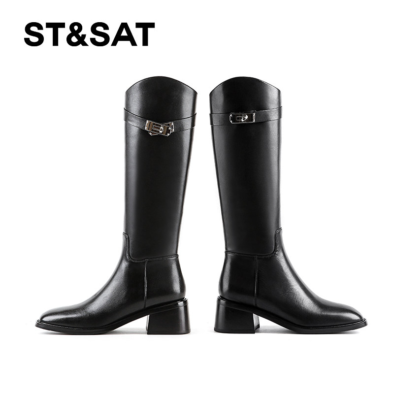 星期六英伦风斜口不过膝长靴女2025秋冬粗高跟高筒显瘦长筒骑士靴