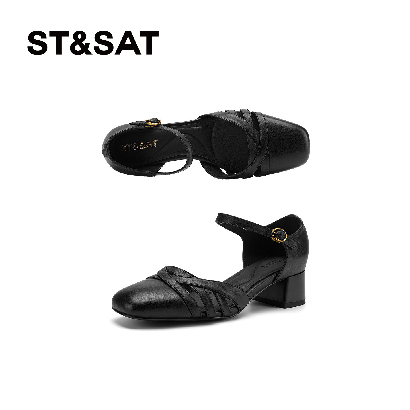 星期六一字带包头凉鞋女2026新款黑色真皮方头浅口单鞋软底不累脚