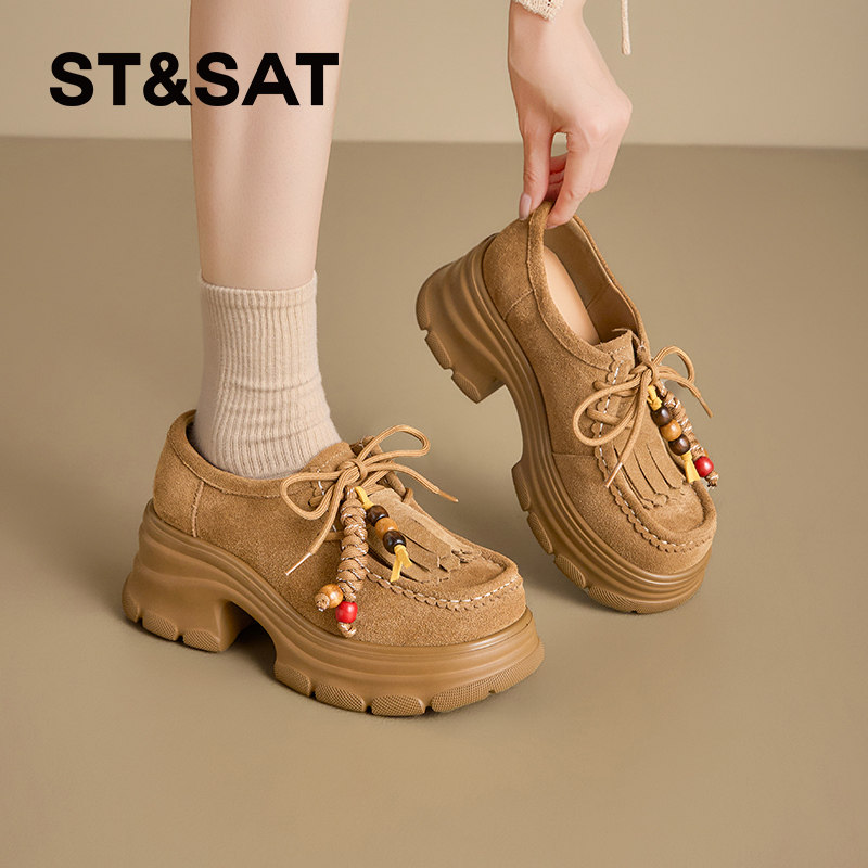 星期六厚底乐福鞋女款新款春季英伦风小皮鞋高跟串珠袋鼠单鞋