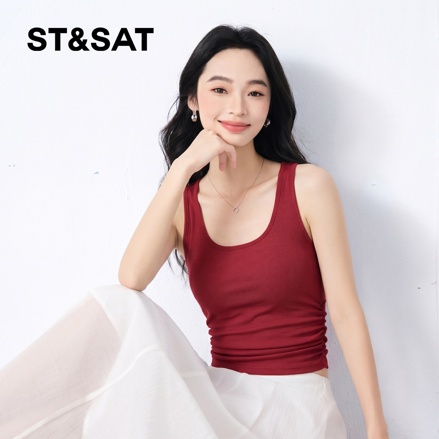 星期六螺纹褶皱工字背心女夏季