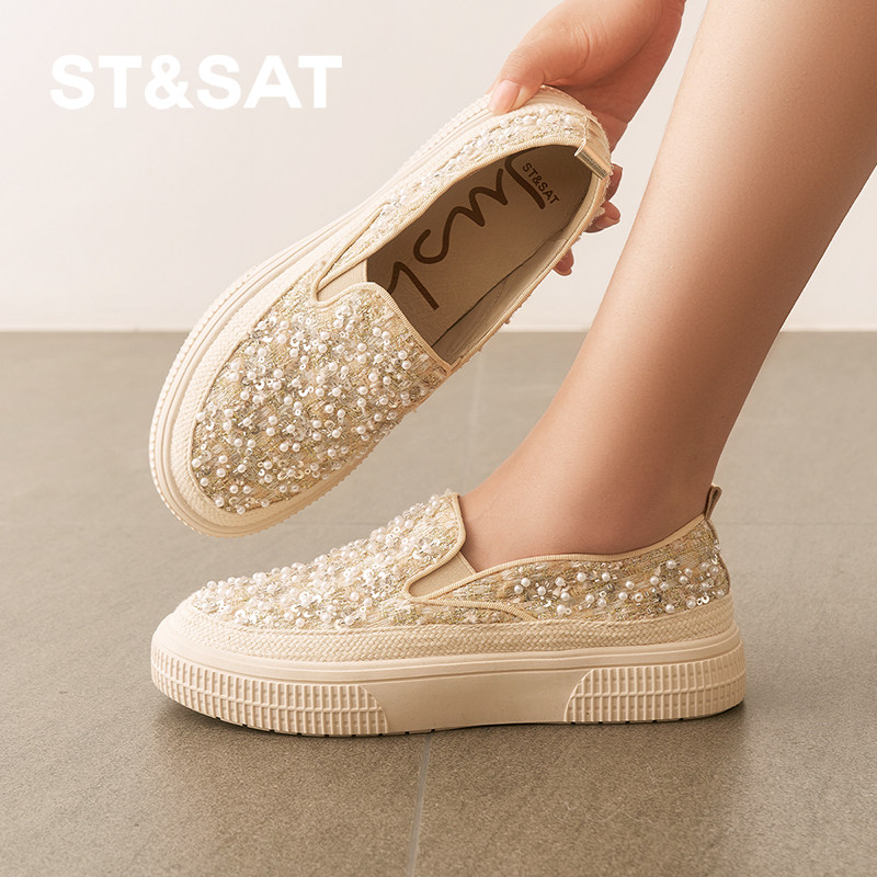星期六渔夫鞋休闲平底鞋一脚蹬懒人鞋厚底圆头亮片单鞋SSD1111012