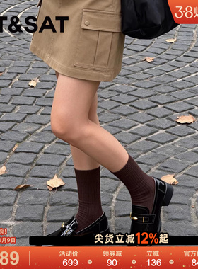 星期六女鞋2026早春黑色亮面上班族小皮鞋高跟气质百搭乐福鞋1B0L