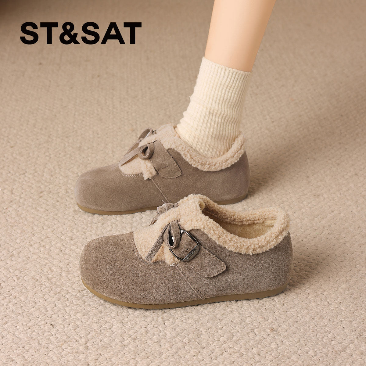 星期六真皮加绒保暖勃肯棉鞋女鞋2025冬季新款厚底豆豆鞋毛毛鞋子