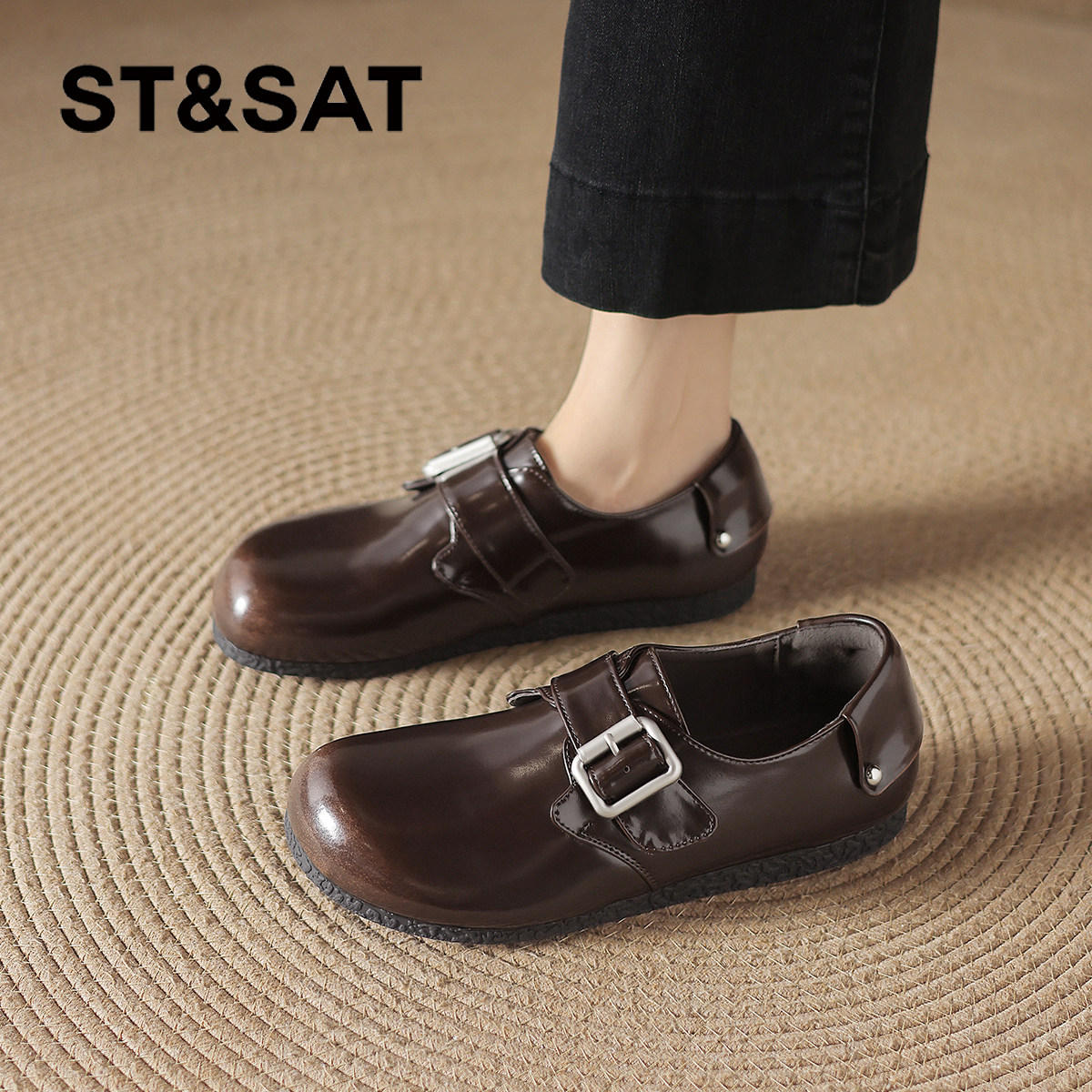 星期六棕色平底全包勃肯鞋子新款春一脚蹬懒人皮鞋女鞋子女款博肯