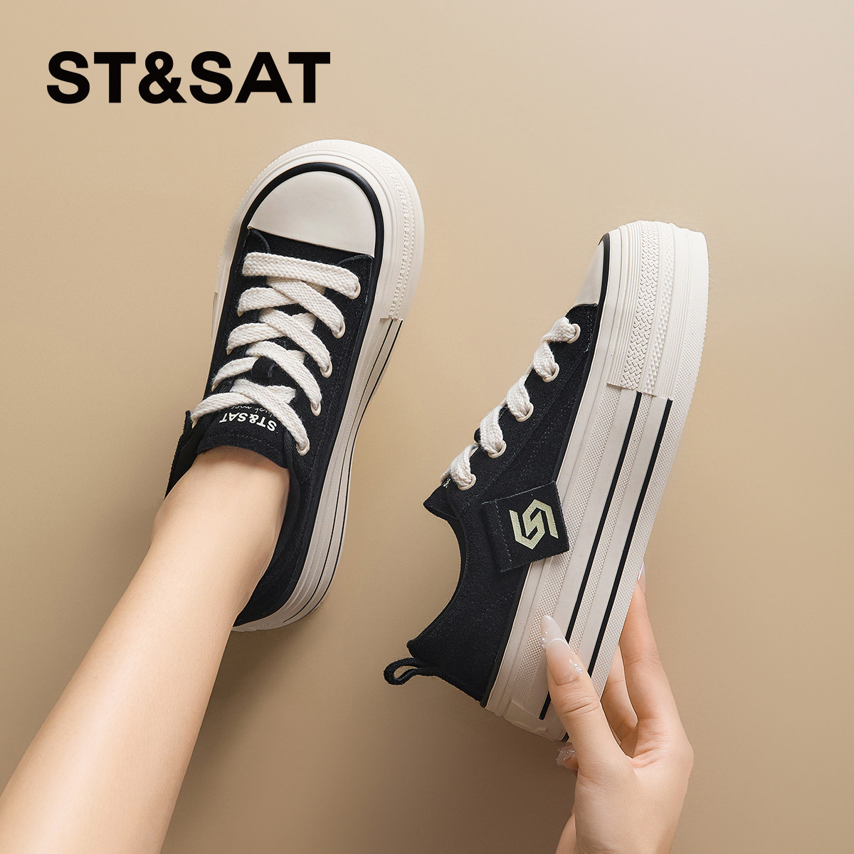 星期六女鞋厚底帆布鞋女款2025新款冬季增高板鞋黑色真皮运动鞋子