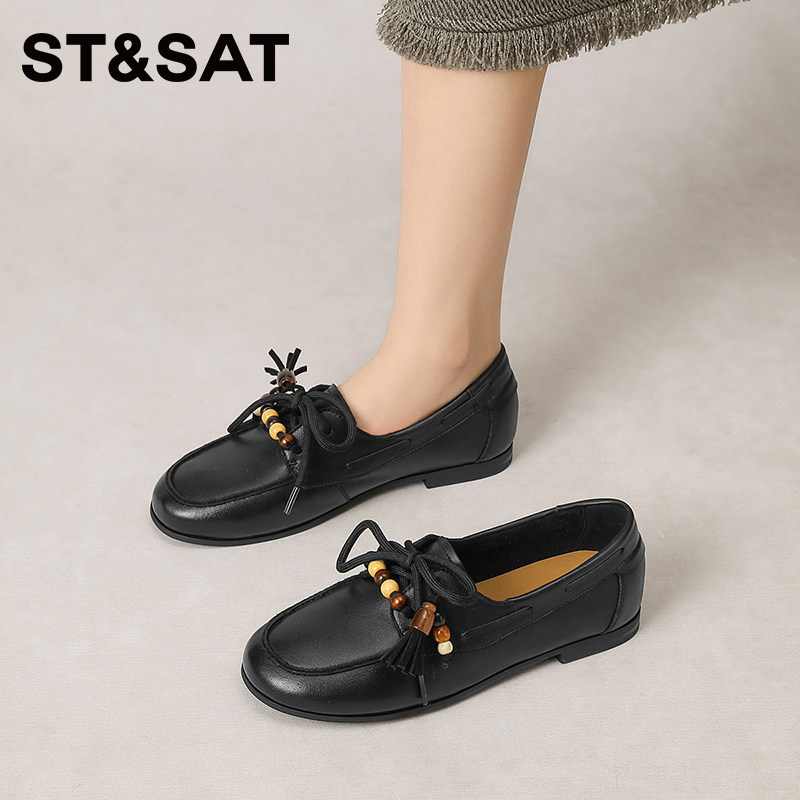 星期六英伦复古风乐福鞋女黑色流苏珠饰系带时尚休闲百搭深口单鞋,女鞋,深口单鞋,淘宝优惠券,粉丝福利购,淘宝优惠卷