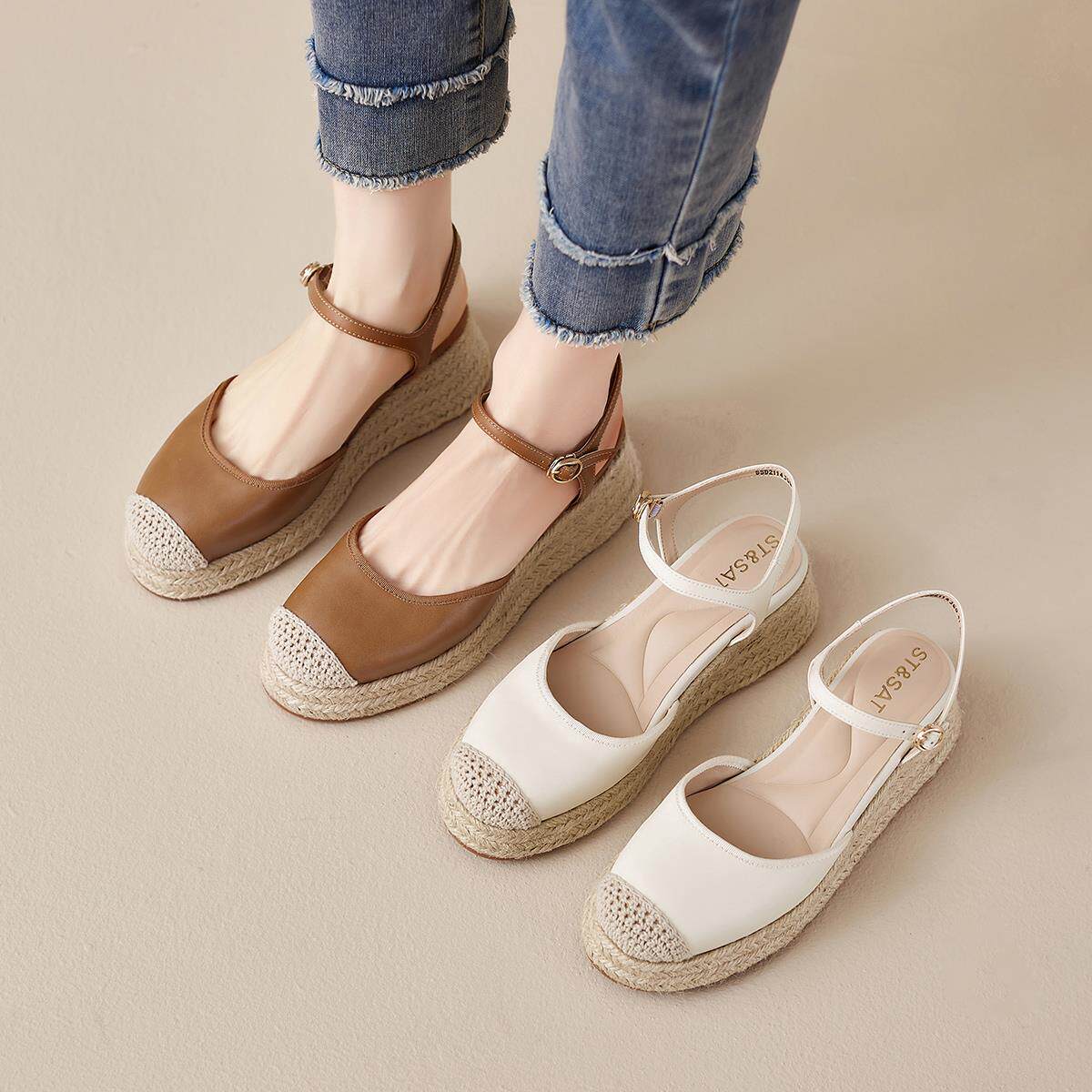 星期六百搭休闲编织拼接玛丽珍鞋女厚底增高防水台不累脚浅口凉鞋