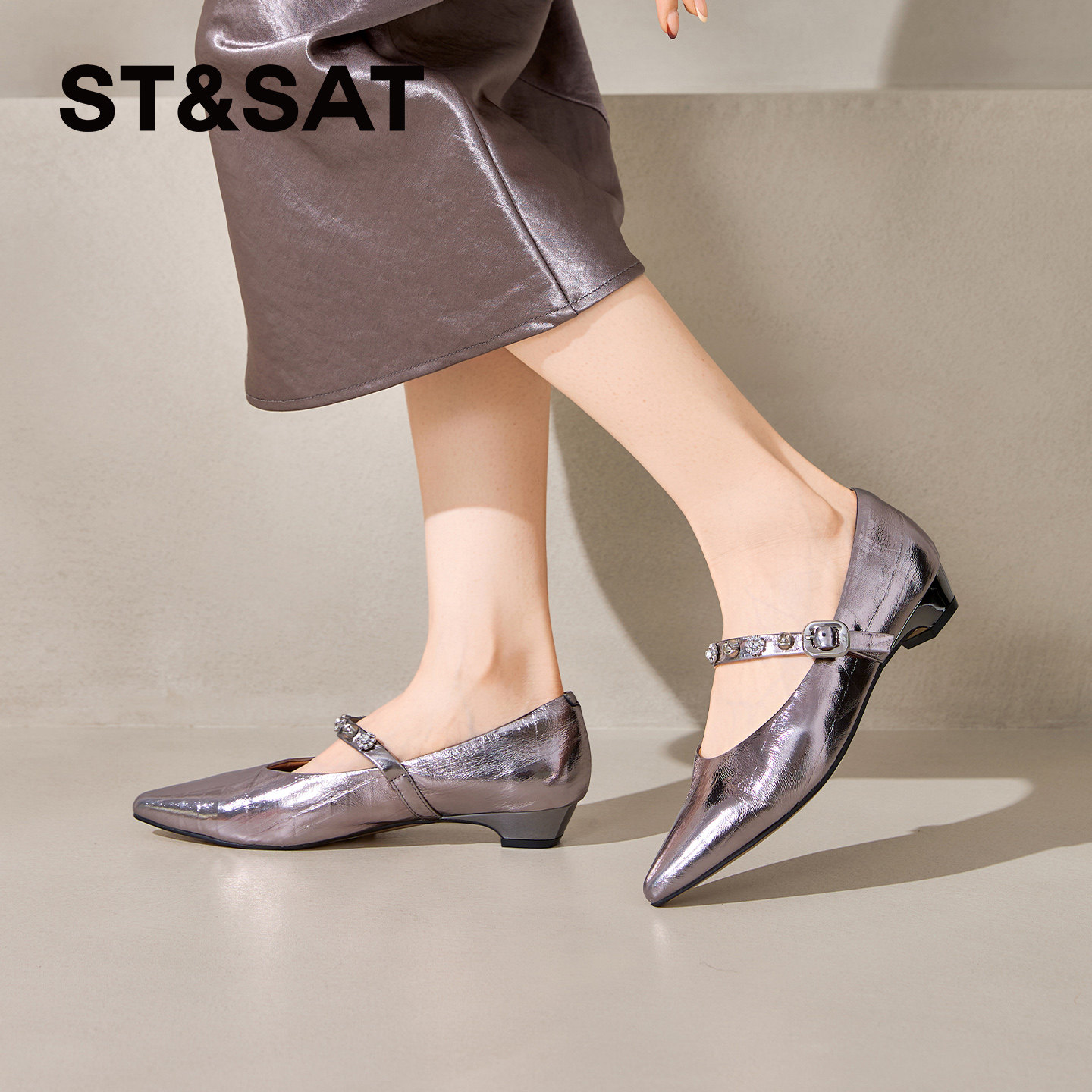 【雅颂系列】星期六浅口单鞋女真皮气质尖头法式粗跟通勤玛丽珍鞋