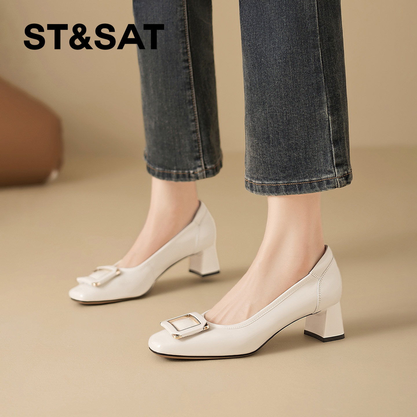 星期六方头浅口单鞋女2026年春季新款粗跟方扣通勤上班工作鞋女鞋