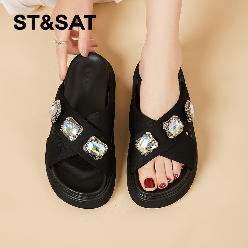 星期六厚底时尚拖鞋女款夏季外穿新款水钻一字拖防滑休闲凉拖鞋子
