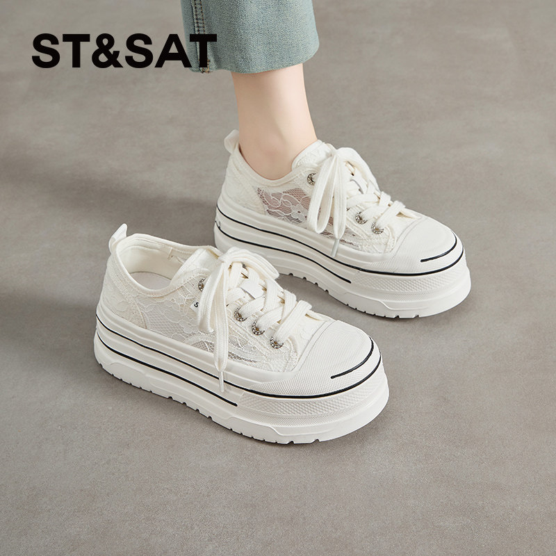 星期六蕾丝帆布鞋女夏季新款薄款网面透气运动休闲板鞋厚底小白鞋
