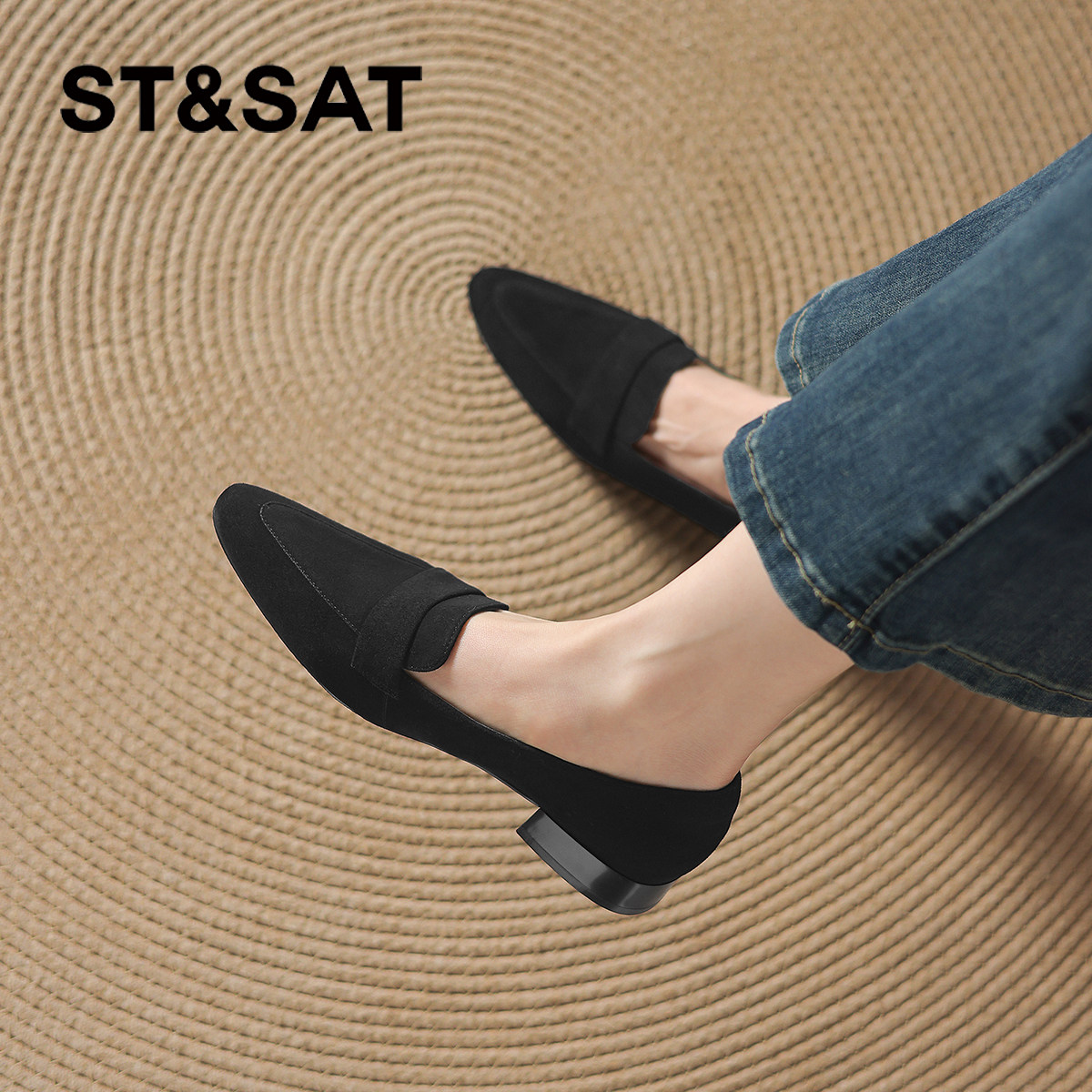 星期六老钱风乐福鞋女2026新款夏季绒面粗跟皮鞋黑色通勤尖头单鞋