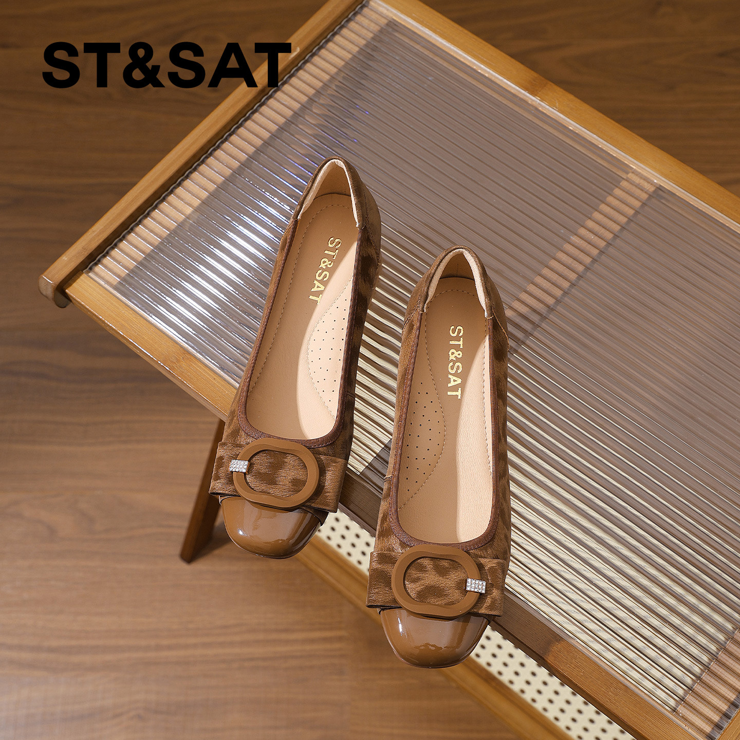 星期六复古豹纹方头蝴蝶结浅口单鞋女2026春季新款拼接真皮一脚蹬