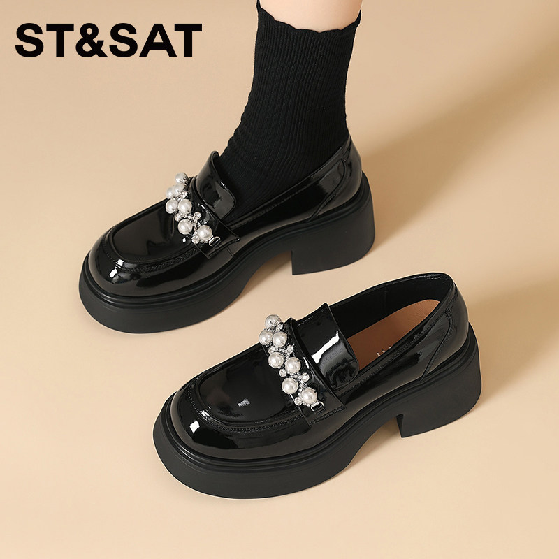 星期六厚底乐福鞋女款新款英伦风黑色小皮鞋一脚蹬粗跟增高单鞋女