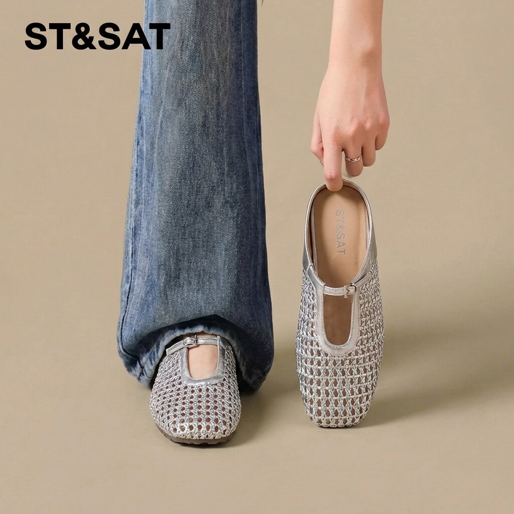 星期六包头拖鞋女款2026新款夏镂空厚底超火银色休闲外穿半拖鞋女