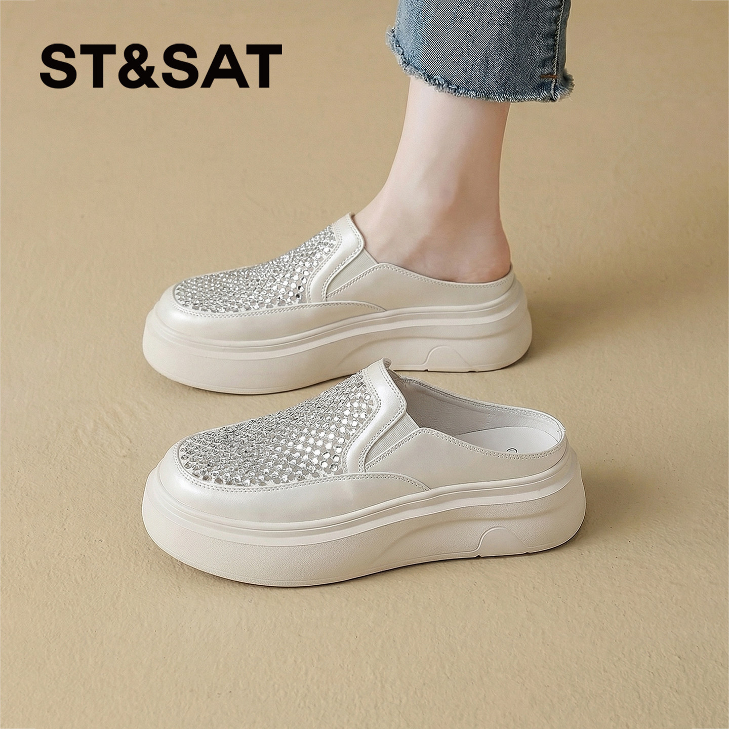 星期六半拖凉鞋女鞋2026新款夏季轻便透气钻面爆款一脚蹬舒适凉拖