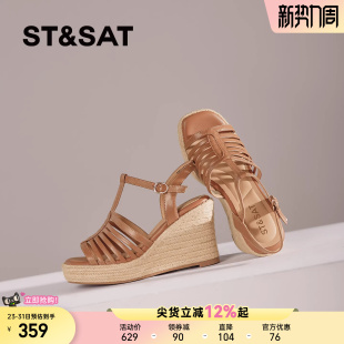 女 外穿配裙子罗马高跟鞋 星期六坡跟凉鞋 女厚底增高编织一字带夏季