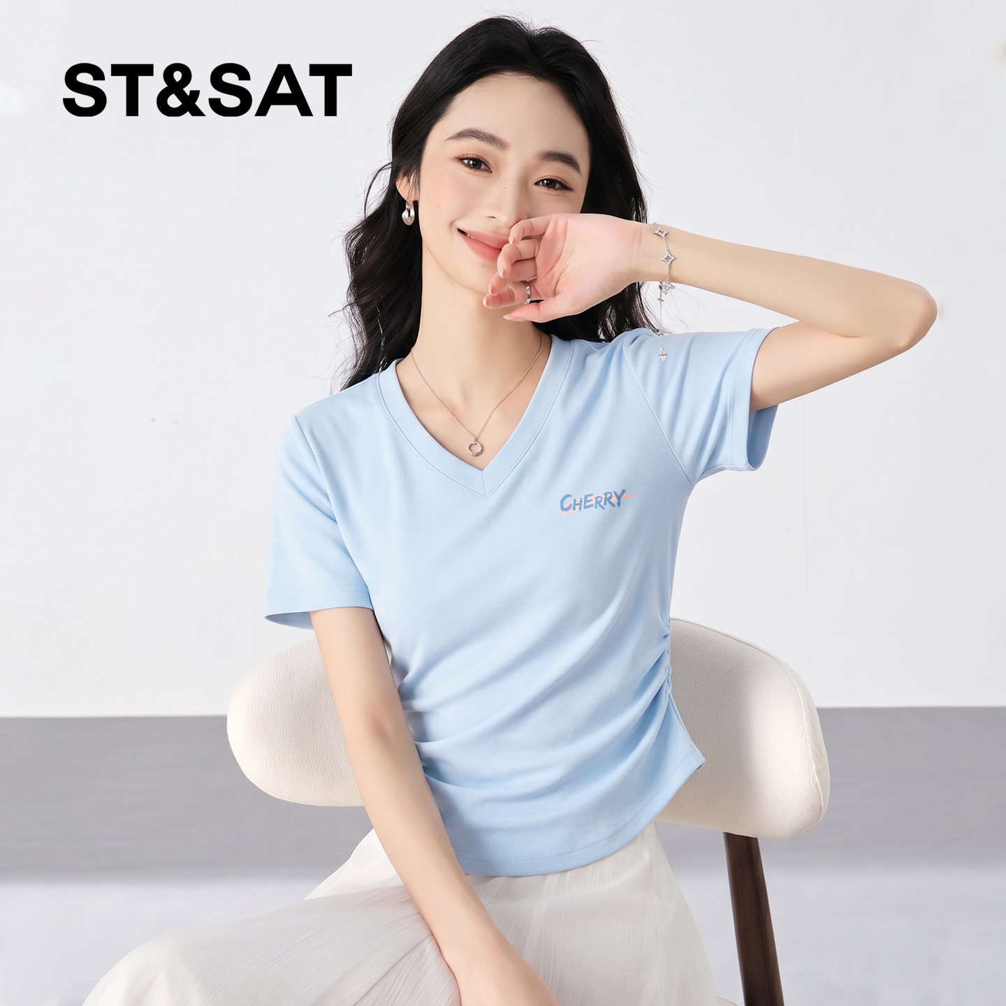 星期六v领修身抽褶短袖t恤女夏季