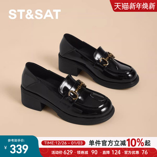女2025夏季 直 新款 小皮鞋 圆头方跟浅口单鞋 星期六英伦风乐福鞋