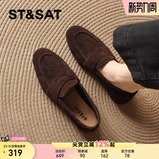 秋冬软底豆豆鞋 2025新款 子 女士单鞋 星期六复古牛反绒真皮乐福鞋