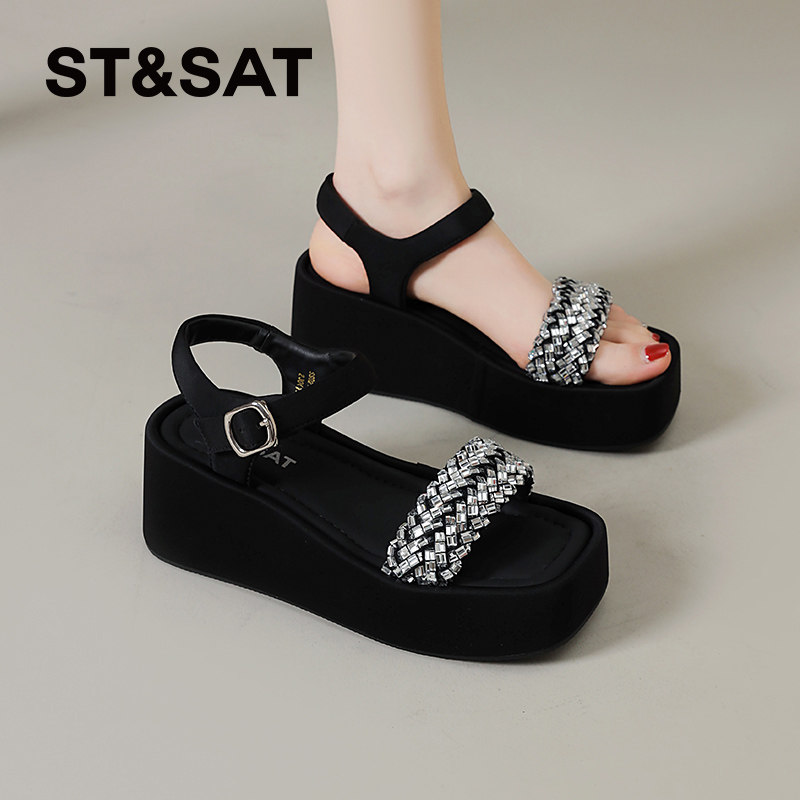 星期六罗马凉鞋女夏季新款法式仙女风配裙子水钻松糕底沙滩鞋凉鞋