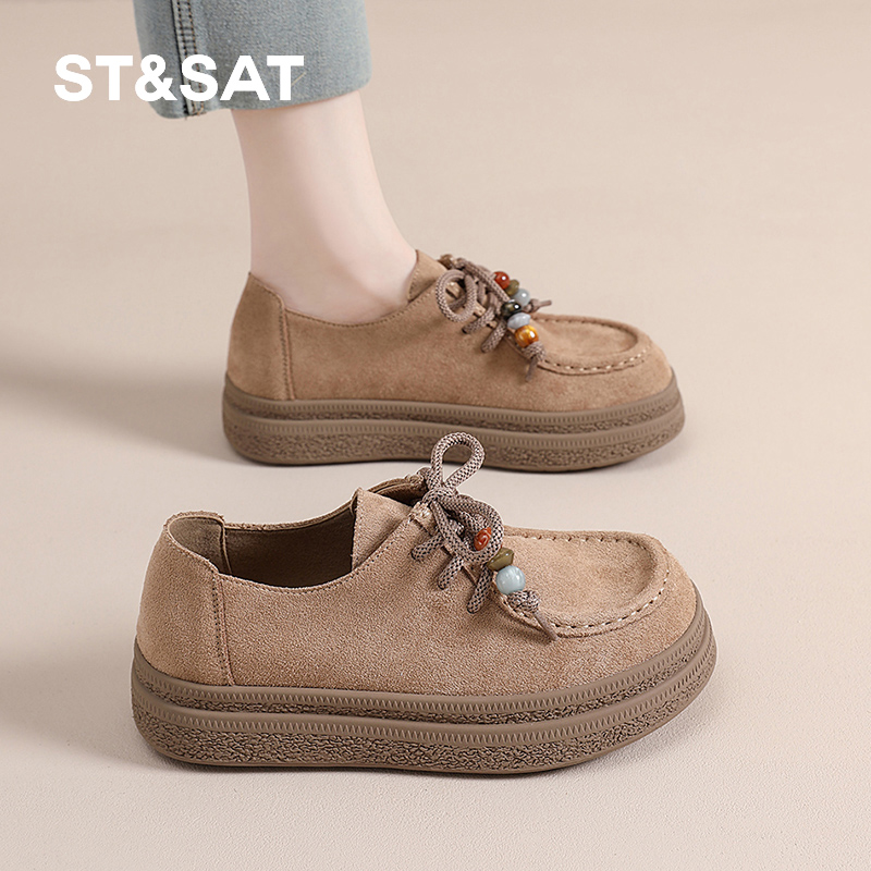 星期六大码41到43全包勃肯鞋外穿2025秋新款厚底系带复古深口单鞋