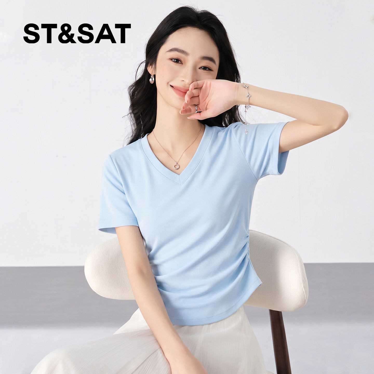 星期六v领修身抽褶短袖t恤女夏季