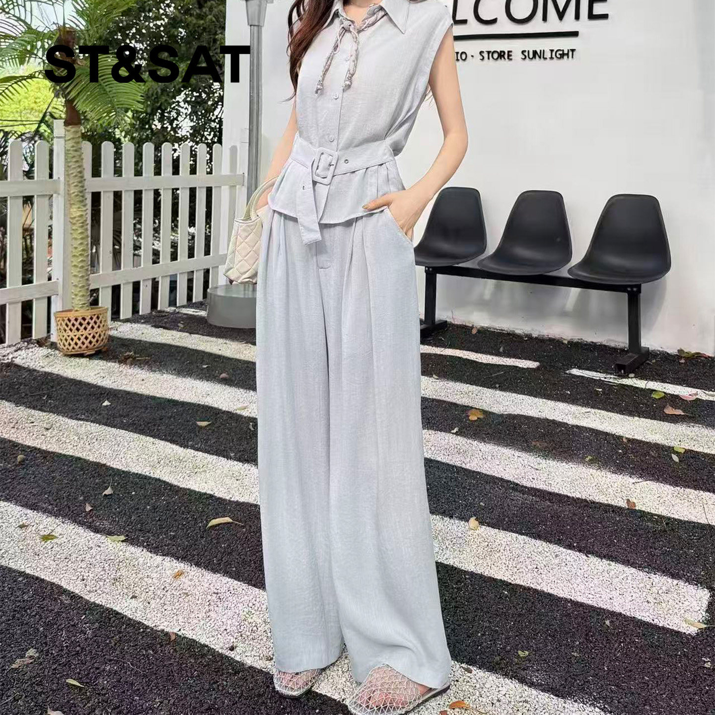 星期六蓝色时尚套装女款2026新款夏季亚麻无袖t恤休闲裤子一整套Z