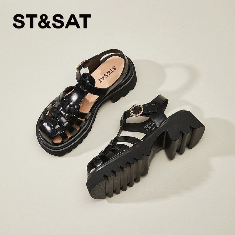 星期六罗马凉鞋女夏季新款透气厚底增高粗跟包头复古编织时装女鞋