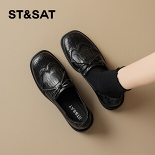 星期六复古乐福鞋女2026年春季新款系带粗跟单鞋英伦风流苏小皮鞋