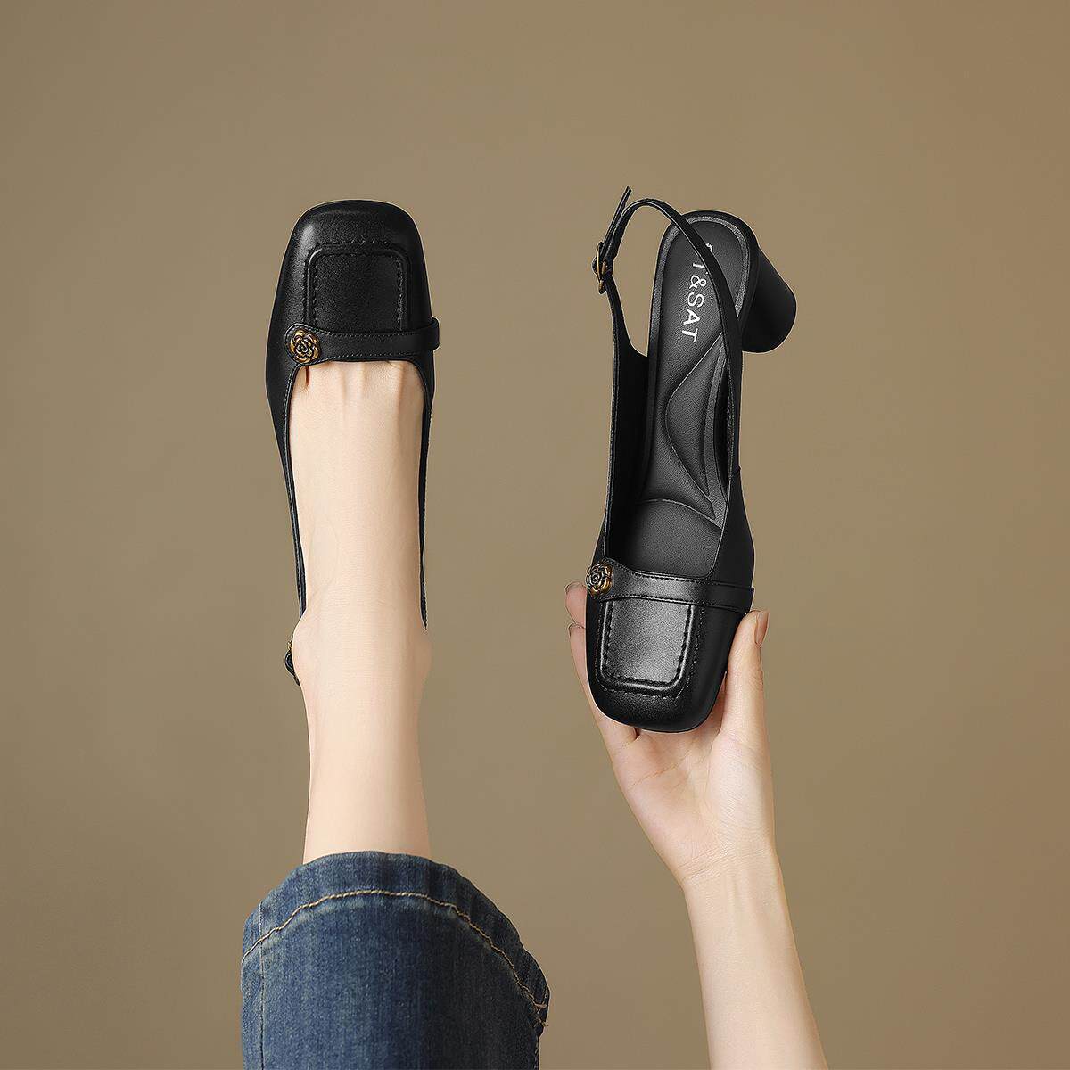 星期六方头山茶花包头凉鞋配裙子不累脚夏季新款软底上班通勤鞋女