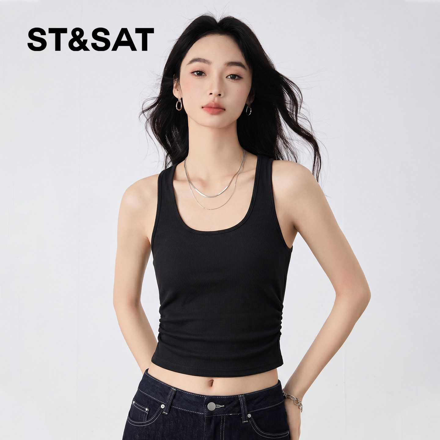 星期六螺纹褶皱工字背心女夏季