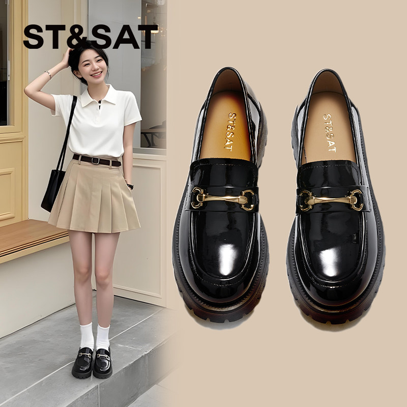 星期六乐福鞋女款春季新款女鞋漆皮增高耐磨英伦风百搭小皮鞋