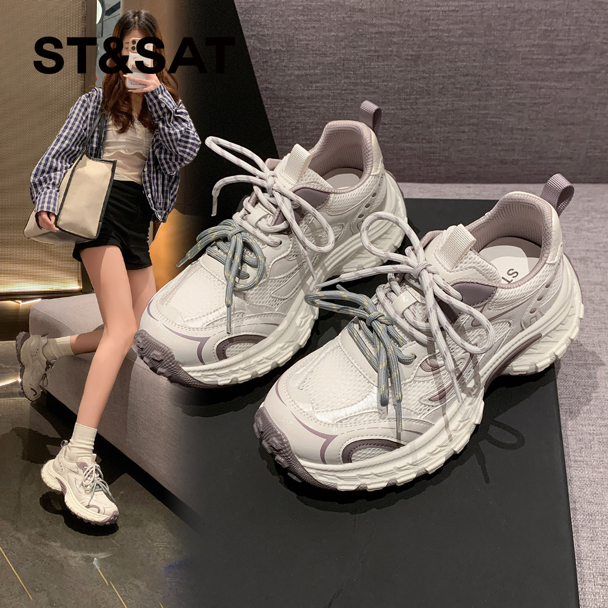 星期六爆款厚底银色老爹鞋女款2026春季新款百搭软底运动休闲鞋子