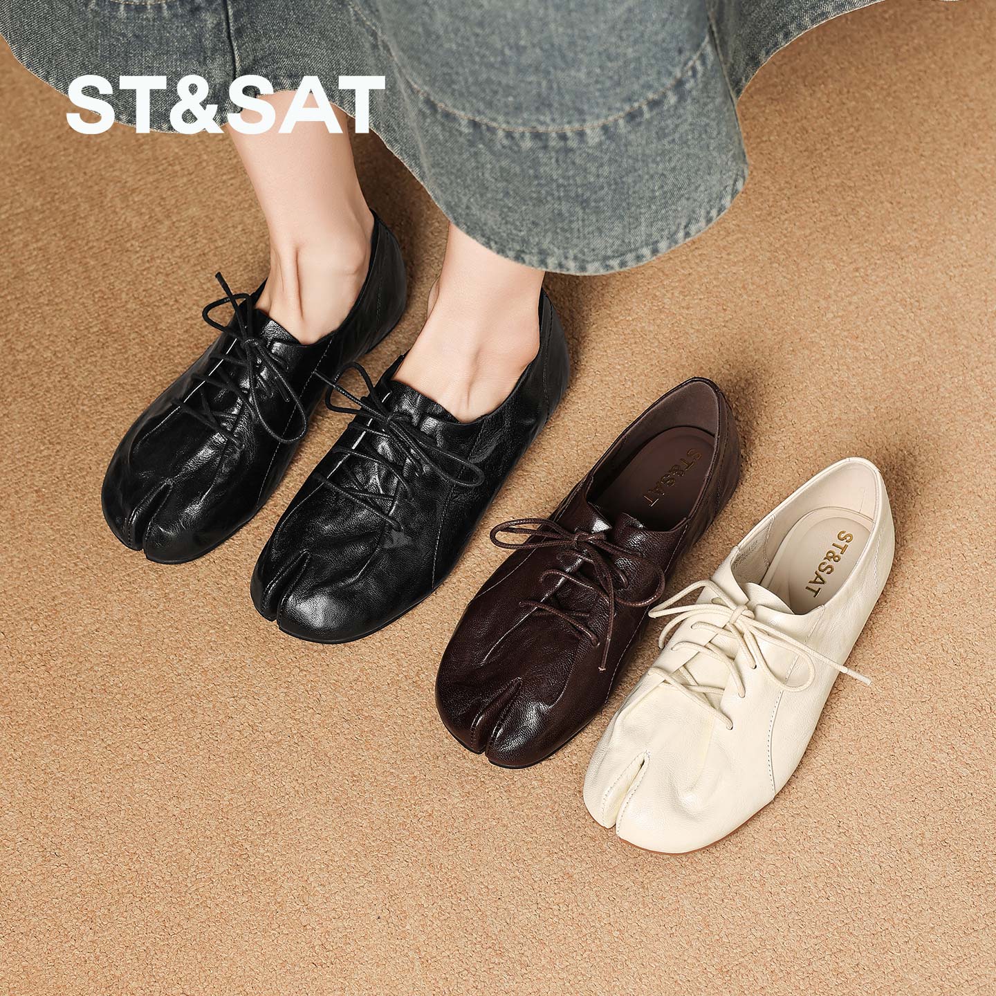 星期六软面皮分趾平底女乐福鞋