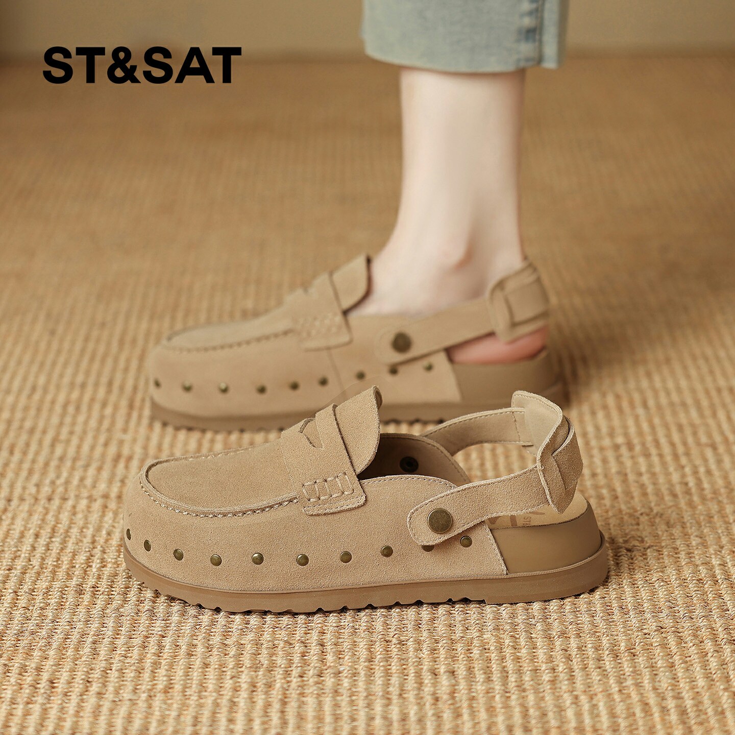 星期六复古厚底勃肯鞋女内增高2026春季款一脚蹬舒适外穿包头凉鞋