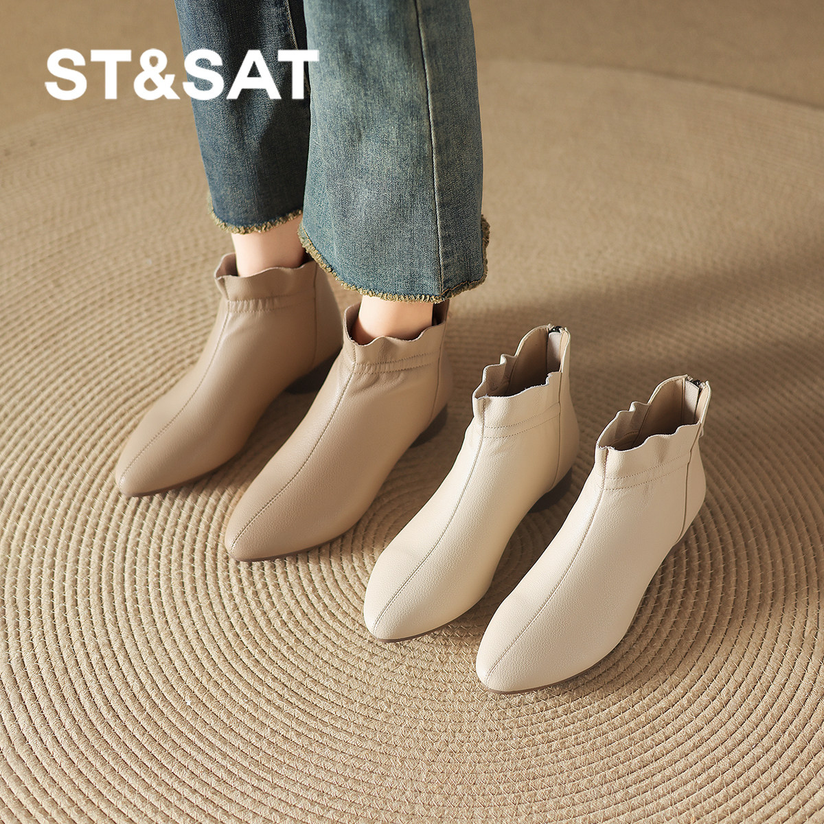 星期六尖头小短靴2025新款秋冬季加绒粗跟踝靴复古法式马丁靴女靴