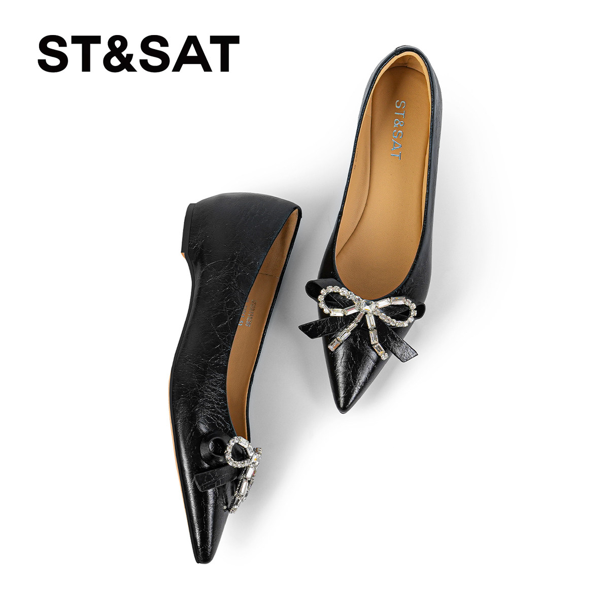 星期六黑色水钻单鞋女2025真皮尖头浅口蝴蝶结女鞋精致通勤平底鞋