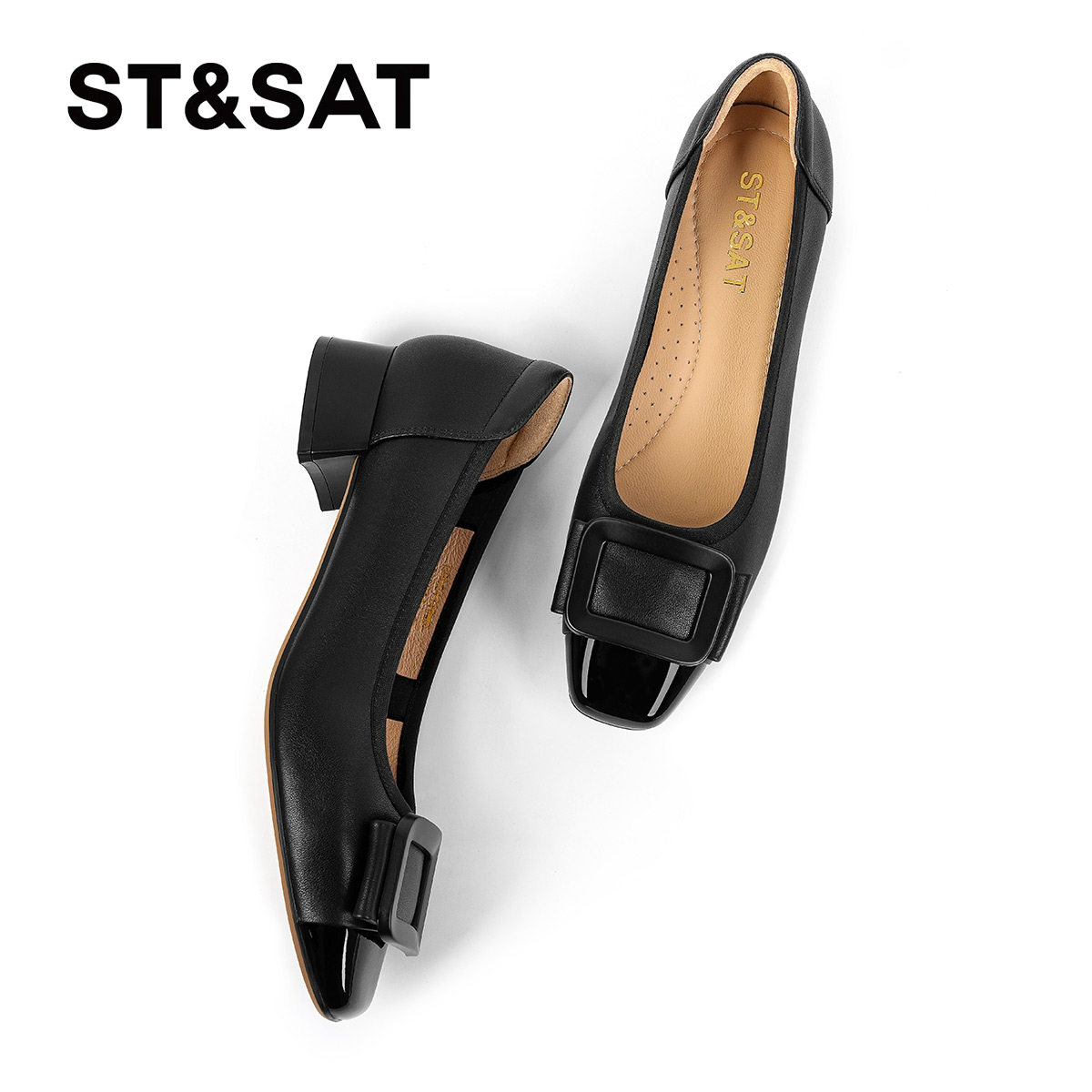 星期六黑色单鞋女2025年真皮方头粗跟浅口蝴蝶结方扣不累脚职业鞋