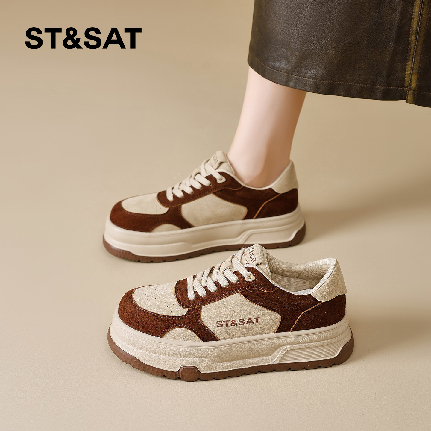 星期六厚底休闲鞋女新款春季时尚增高舒适板鞋拼色百搭通勤单鞋子