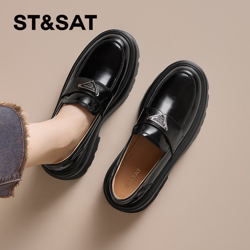 【牛皮】星期六厚底乐福鞋女春秋季黑色增高单鞋子粗跟真皮小皮鞋