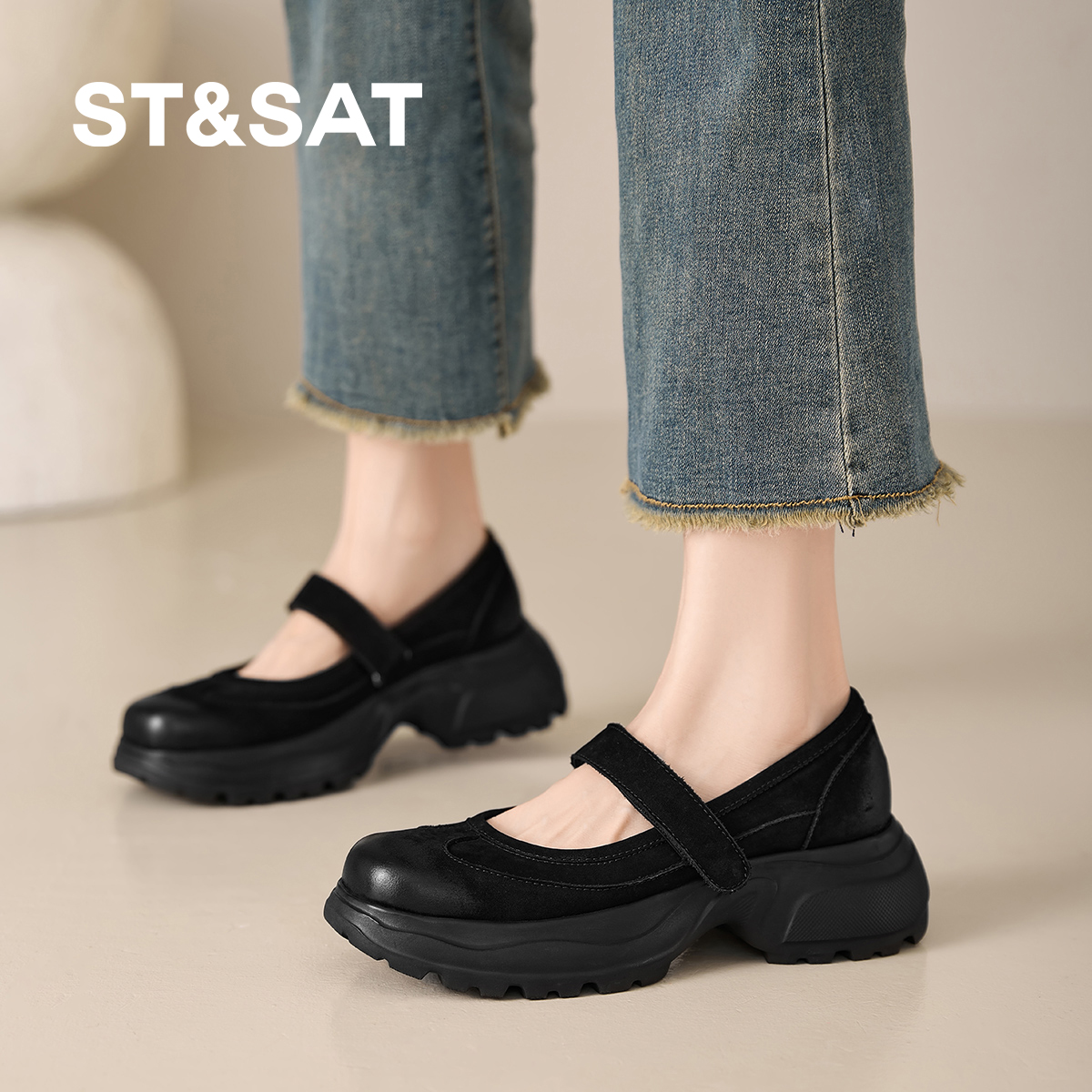 星期六秋季新款厚底圆头玛丽珍浅口单鞋女小个子增高学院风小皮鞋